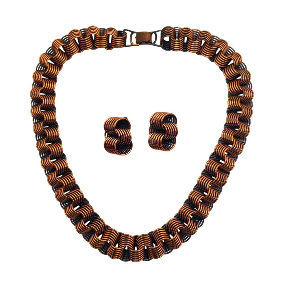 Matisse Renoir Copper Modernist Choker Clip Earrings Collar Necklace Rolled Set